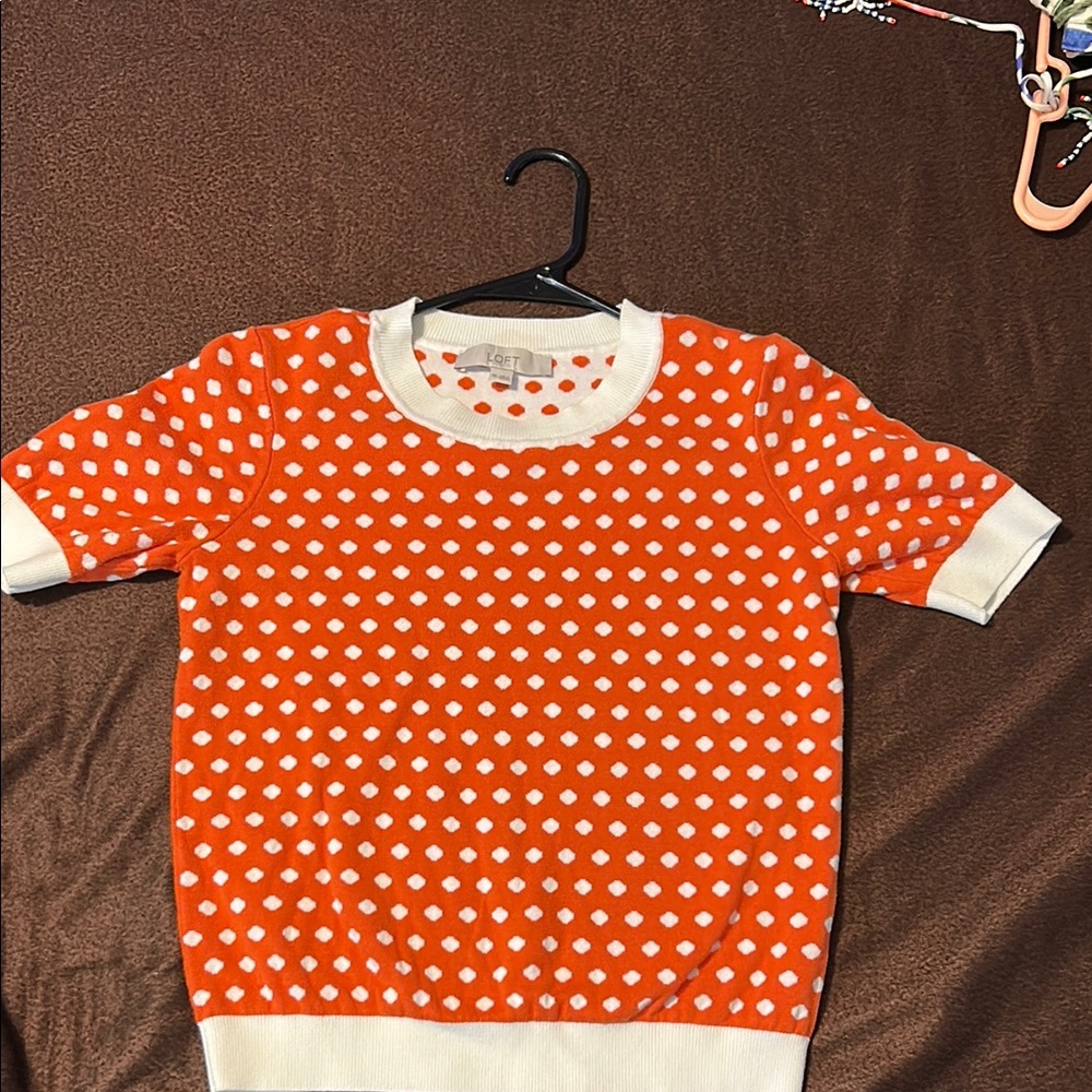 LOFT Orange White Polka Dot Knit Sweater